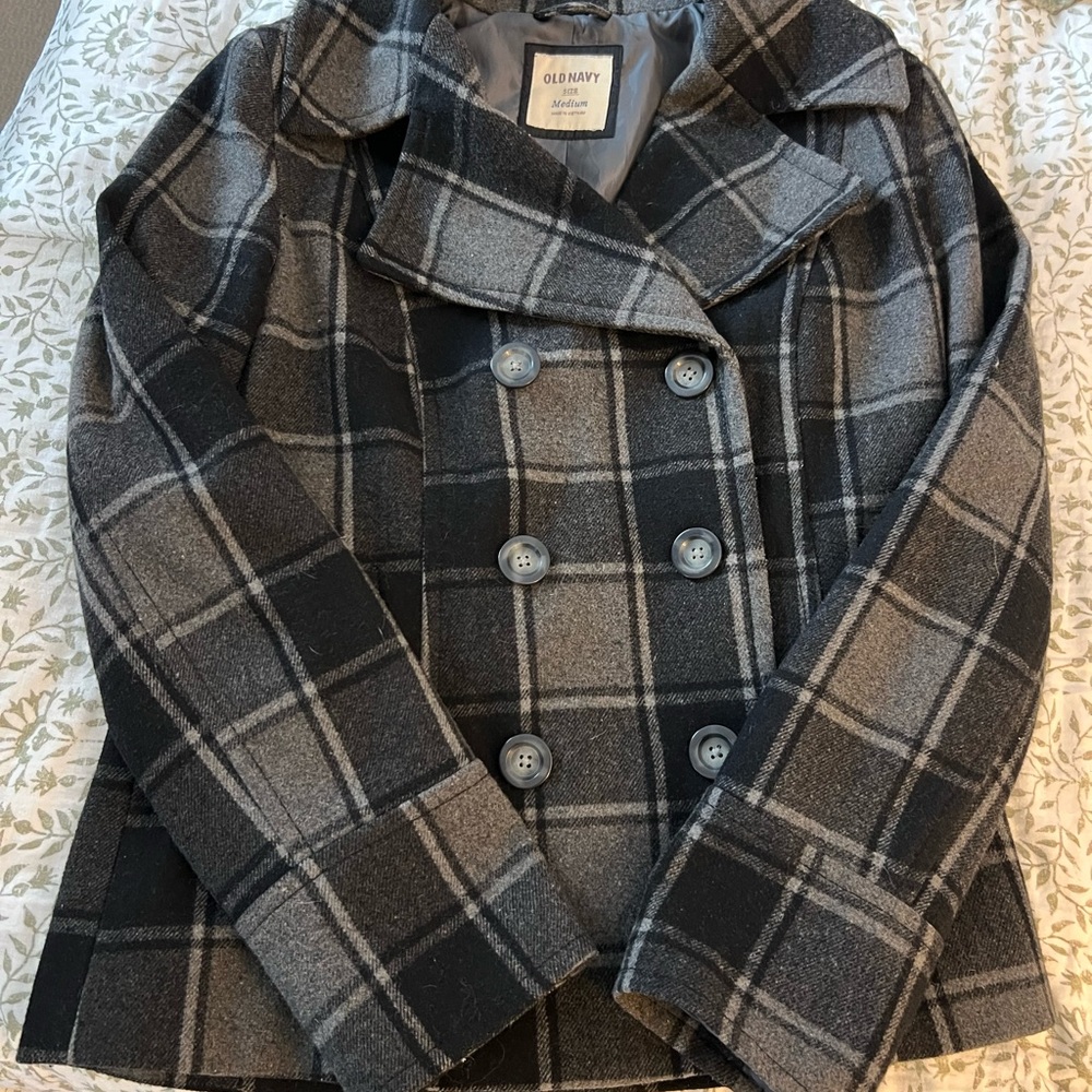 Old Navy Women’s Plaid Peacoat - Black and Gray (Y2K early 2000s era)